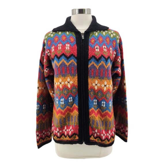 Planet Earth Sweaters Womens Medium Cardigan Llama Floral Multicolor Knit Zipper - Picture 1 of 8